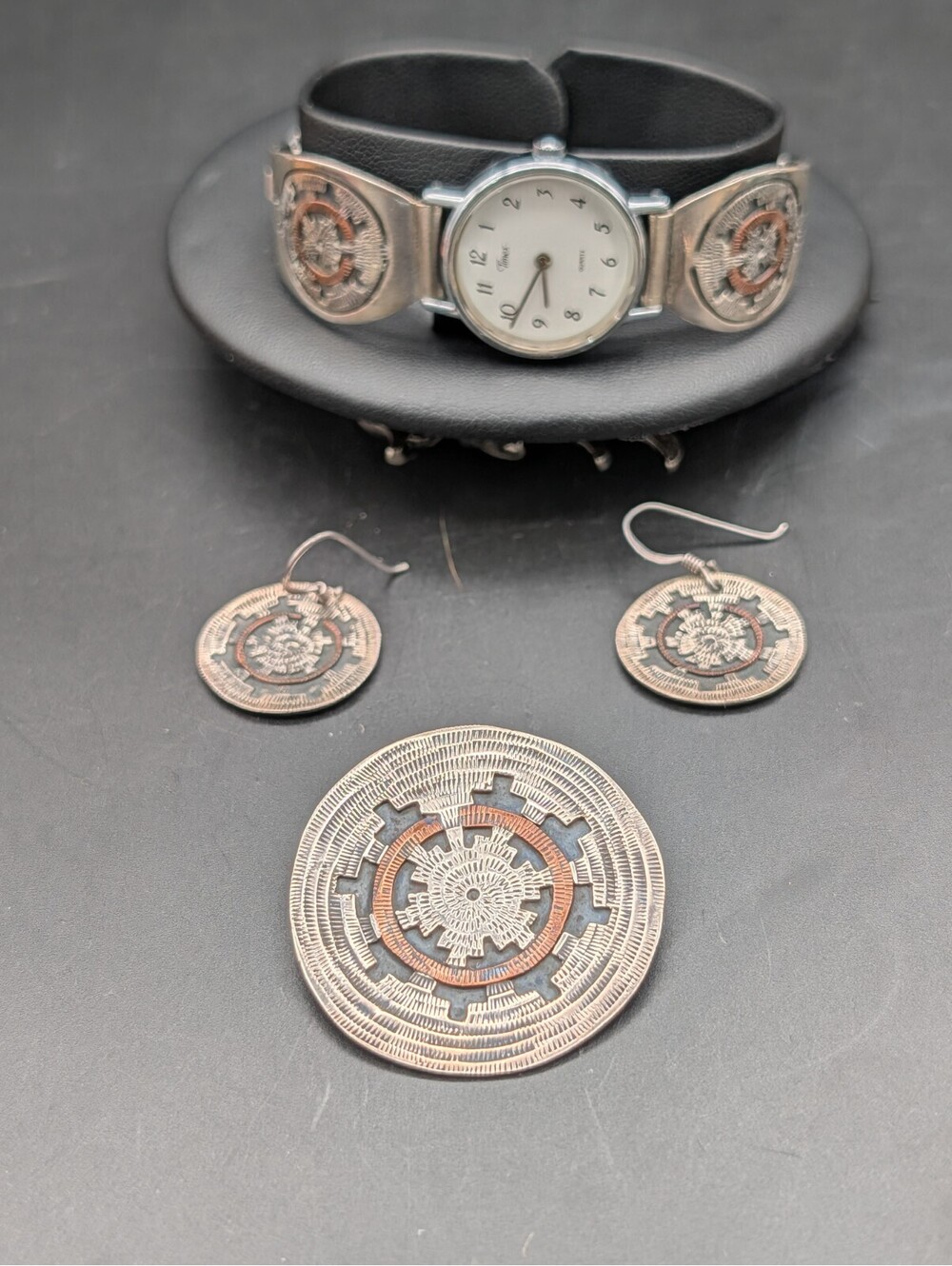 Native American Wedding Basket Silver 925 Copper Watch Brooch Earrings Set READ